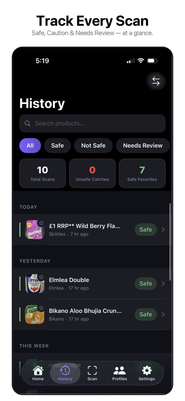 SafeScan History — Track Every Scan