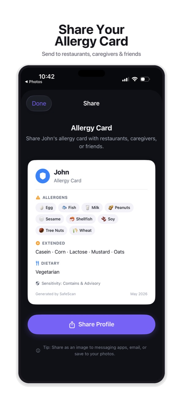 Allergy Card Sharing Screen